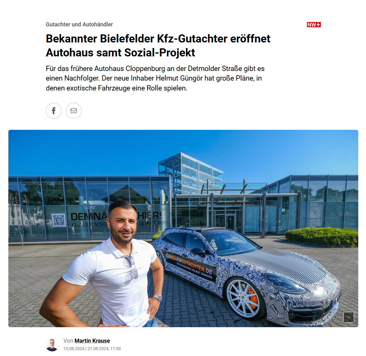 Neue Westfälische Artikel über Helmut Güngör - Bekannter Bielefelder Kfz-Gutachter eröffnet Autohaus samt Sozial-Projekt